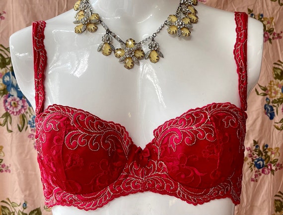 Vintage 80s Red and Gold Lace Felina Balconette Bra 34A 