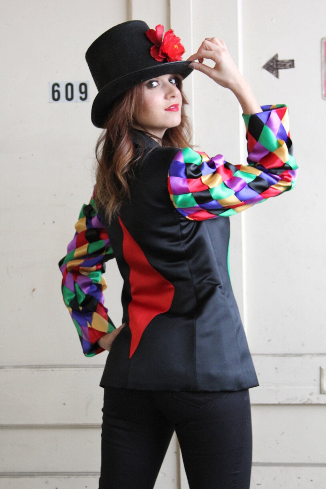 Vintage Black Satin Blazer: Braided Sleeve Jacket, Mr. Lee Custom Made, Foto 1 von 5