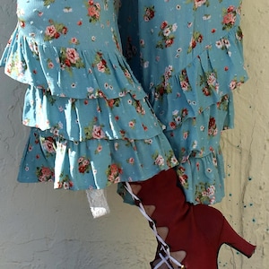 Vintage Blue and Pink Rose Floral PantalOOnie Bloomer Ruffle Pants