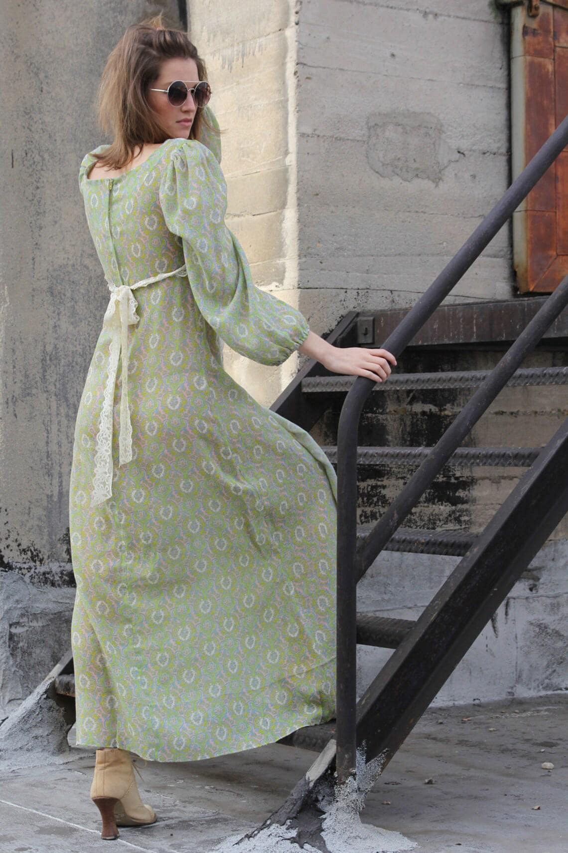 Vintage Jessica McClintock Style Green Ditsy Floral Lace Boho Maxi Dress Vintage Jessica McClintock Style Green Ditsy Floral Lace Boho Maxi Dress