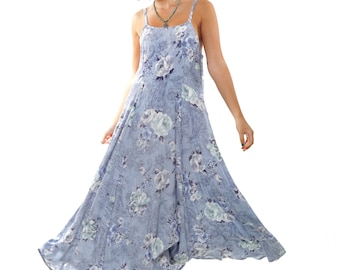 Blue Floral Maxi Dress, Vintage Inspired Button-Down