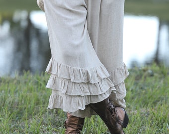 Beige Linen Ruffle Bloomer Pants, Beige Linen PantalOOns