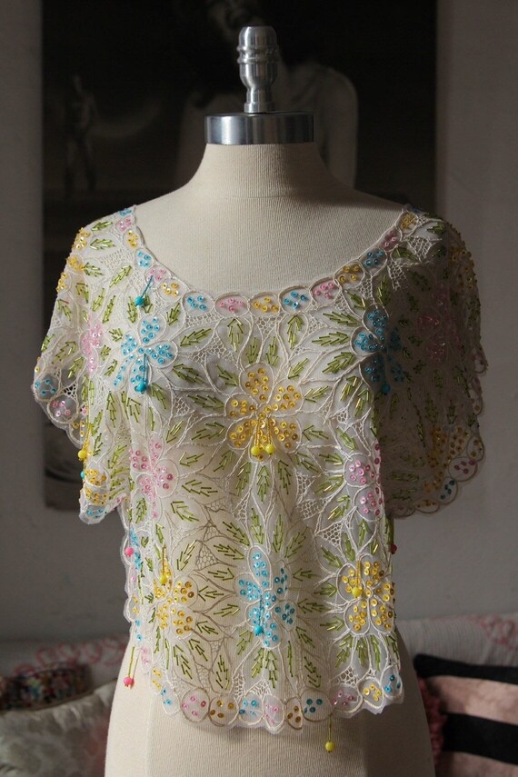 Vintage Sheer Beaded Embroidery Blouse