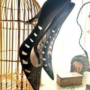 Vintage 80s Black Ernesto Esposito Cut Leather High Heel Pumps Size 38 Us 8