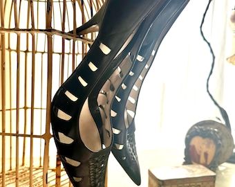 Vintage 80-tals svarta Esposito-skurna läderpumps med hög klack, storlek 38 US 8