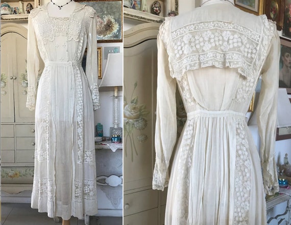 Antique Edwardian Netted Lace Embroidered Dress - image 9