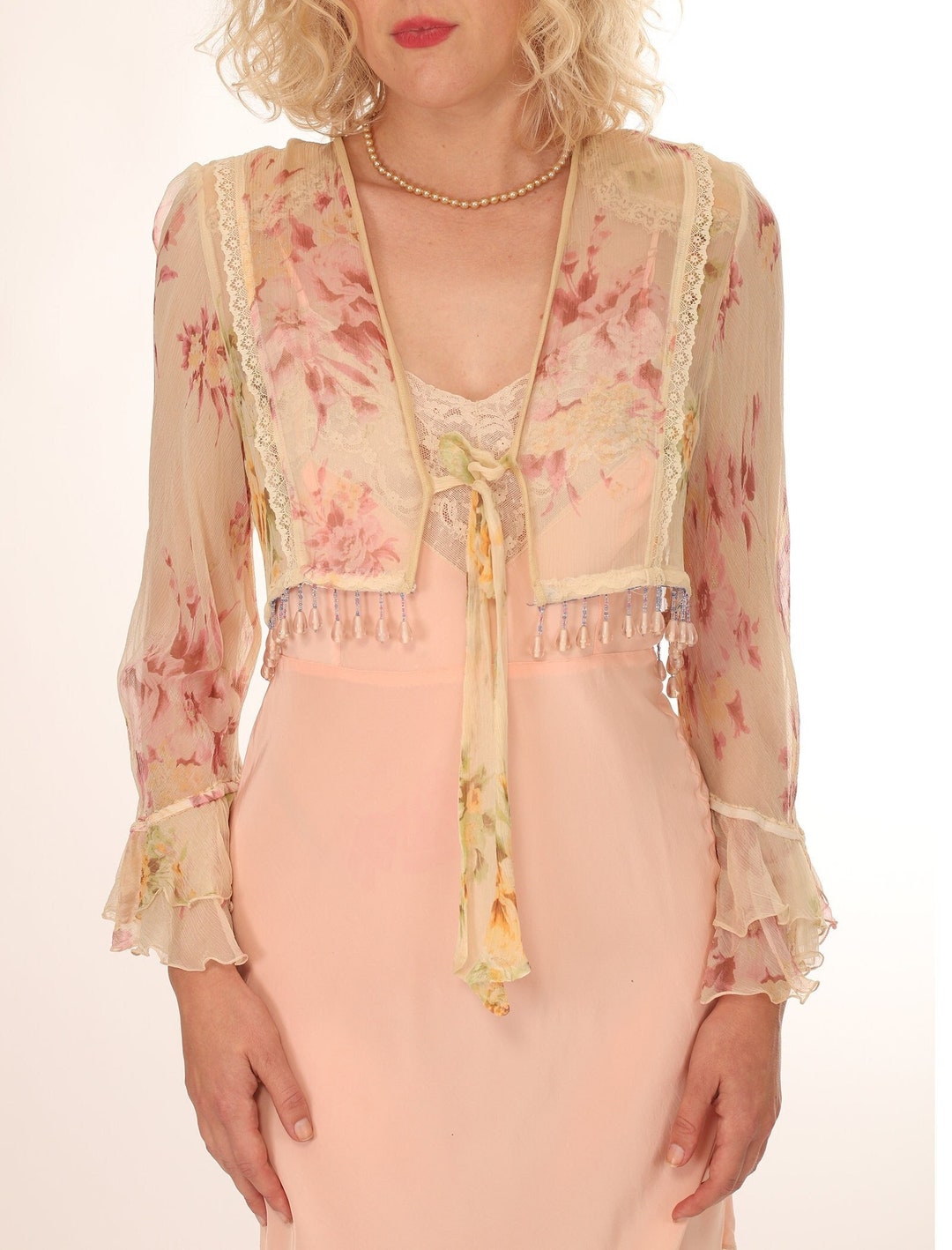 70's French Long Elegant Flowing Sheer Floral Jacket with Faux Fur Collar by Privilege main image 1