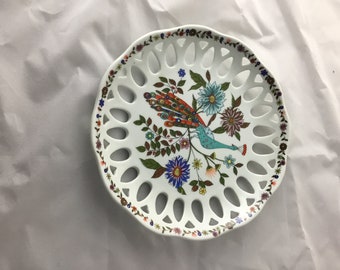 Vintage Schmidt Porcelain Peacock Plates, Laced Edge  and Floral Trim (6)