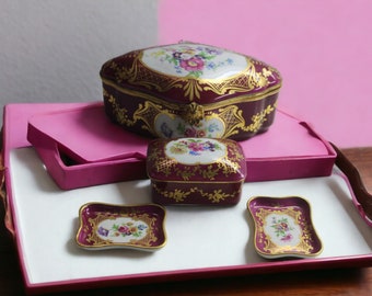 Vintage French Limoges Handpainted Porcelain Jewelry Box, Trays  and Trinket Box