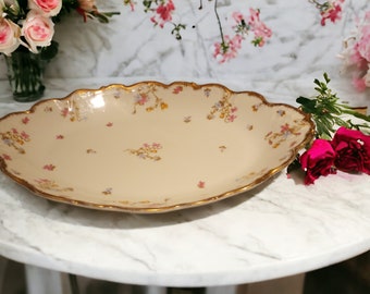 Vintage Limoges France Elite Works Medium Floral China Platter Gold Trim, Bawo & Dotter Pattern BWD29,