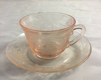 Pink Dogwood, Apple Blossom Depression Glass Cup and Saucer