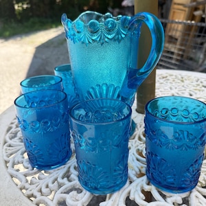 EAPG Blue Pitcher Shell & Jewel/1890'S