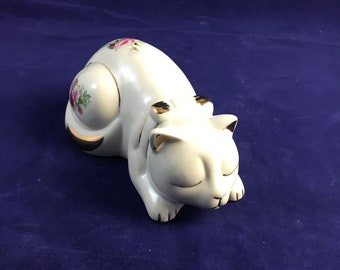 Cat, Formalities by Baum Bros White English Rose & Gold Leaf Porcelain Sleepy Kitty Cat Figurine