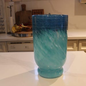 Vintage Blown Blue Art Glass Vase, Turquoise and Blue Decorative Flower Pot