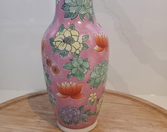 Vintage Handpainted Chinese Porcelain Vase / Pink Ceramic Floral Design