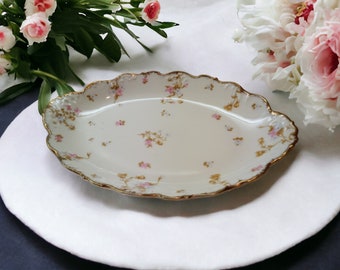 Vintage Limoges France Elite Works Small Floral China Platter Gold Trim, Bawo & Dotter Pattern BWD29,