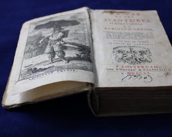 Rare livre ancien « La vie et les Aventures Surprenantes de Robinson Crusoé ». 1720 Première Français Ed. Première impression