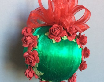 Victorian Style/Green Christmas Ornament With Red Flowers Circling/Handmade