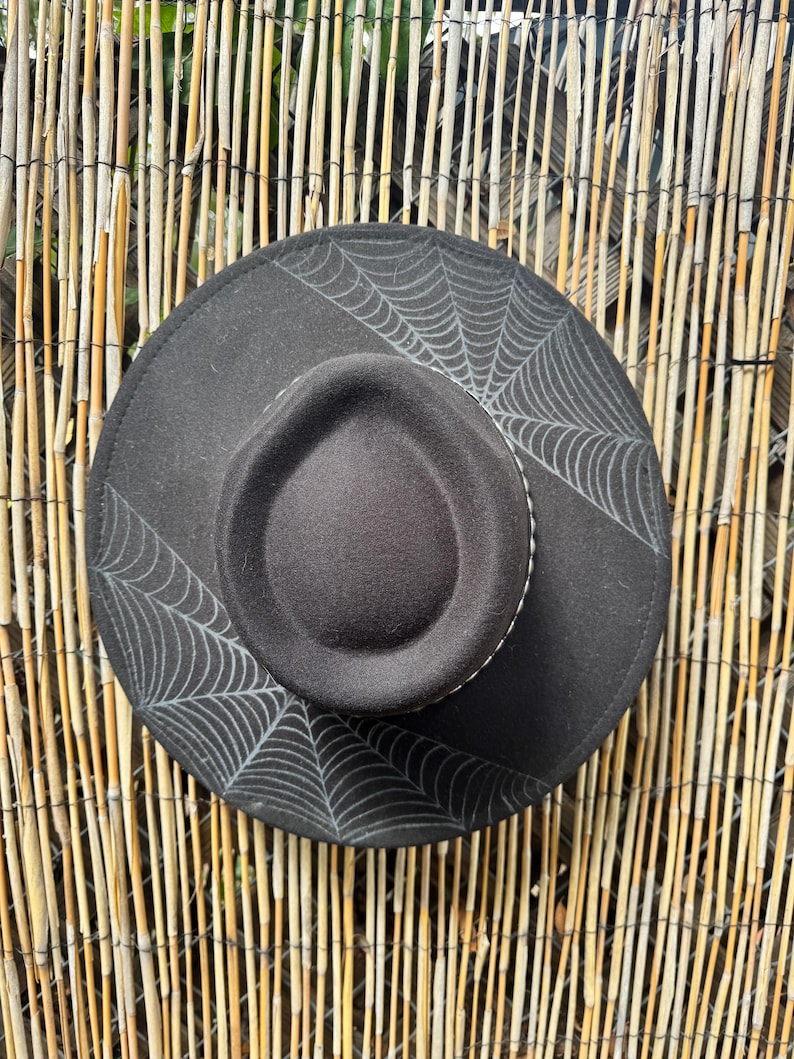May include: Black fedora hat with a spiderweb design. The hat has a round crown and a wide brim, with a white stitched band around the base of the crown. The spiderweb design is printed on the brim.
