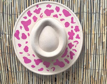 Pink Cow Print Cowgirl Hand Painted Fedora Hat