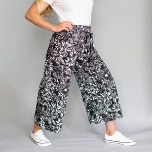 Wide Leg Pants - Flora Array Floral Print - Black and White