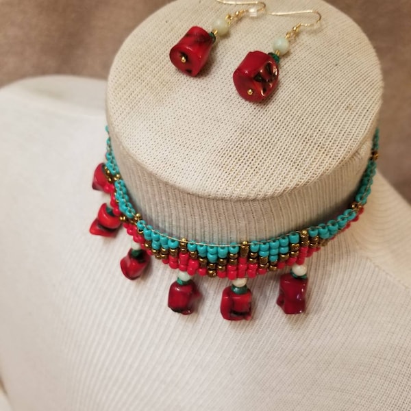 13" "Kīlauea" Handmade Genuine Turquoise and Coral with Amazonite Jewelry Set - Beaded Loom Choker w/ Matching Gold Pendant Earrings