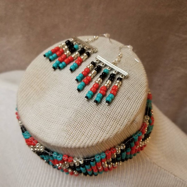 12" "Cotopaxi" Handmade Geometric Turquoise, Red, Black, and Silver Jewelry Set - Beaded Loom Choker w/ Matching Silver Chandelier Earrings