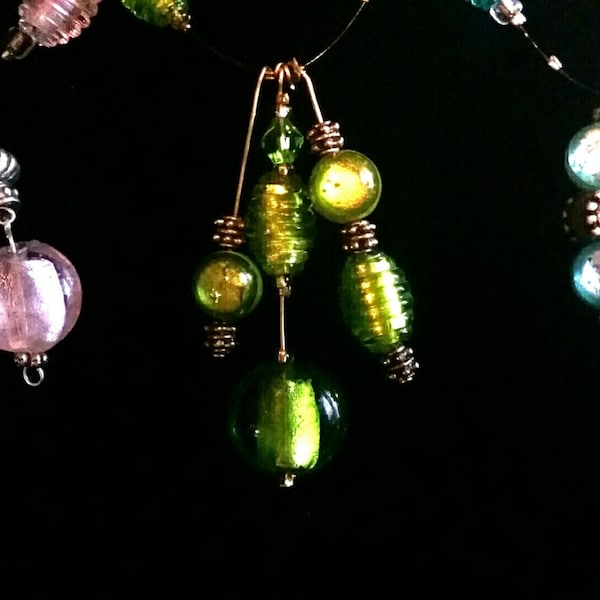 18" "Hensley" Handmade Glass Beaded Jewelry Set Necklace w/ Matching Pendant Earrings - green, pink, and blue available