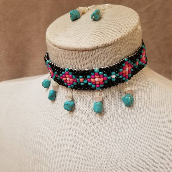 13" "Michoacán" Handmade Turquoise-dyed Howlite and Quartz Jewelry Set - Beaded Loom Choker w/ Matching Silver Pendant Earrings