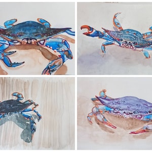 6&quot; x 9&quot; &quot;Louisiana Blue Crab Series I - IV&quot; India Ink Fine Art Pen & Ink Wash Drawings - ORIGINALS