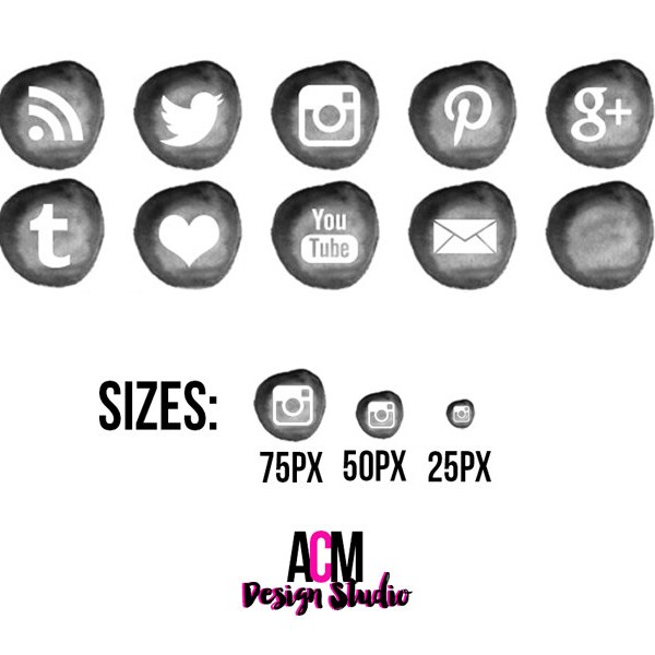 Social Media Icons INSTANT DOWNLOAD Watercolor Black