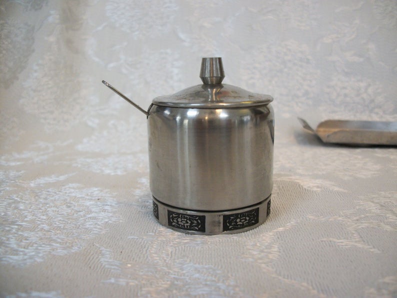Vintage Salt and Pepper Condiment Set With Tray Steel Chrome Metal Mid Century