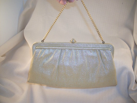 Gold Fabric Lame Metallic Clutch With Chain Vinta… - image 8