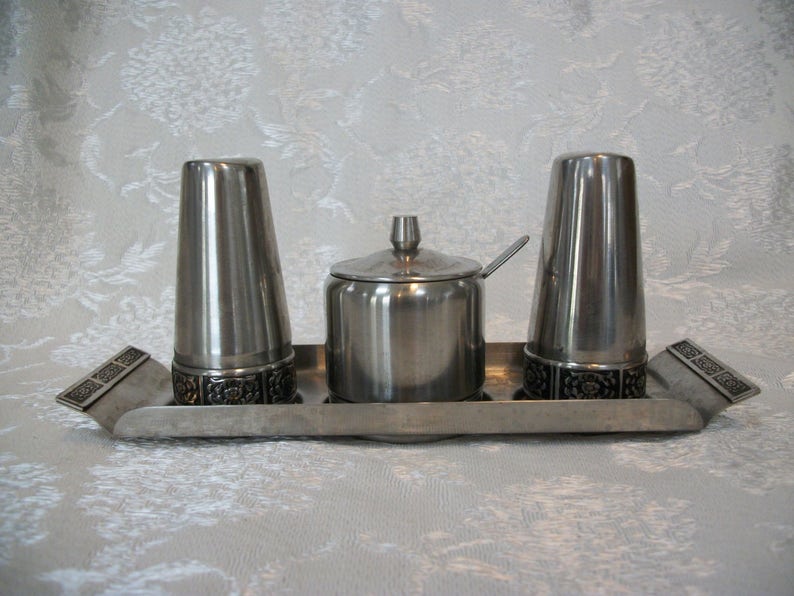 Vintage Salt and Pepper Condiment Set With Tray Steel Chrome Metal Mid Century