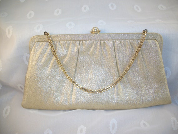 Gold Fabric Lame Metallic Clutch With Chain Vinta… - image 1