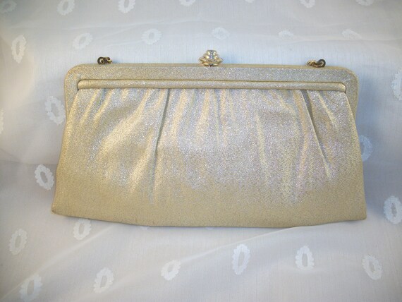 Gold Fabric Lame Metallic Clutch With Chain Vinta… - image 2