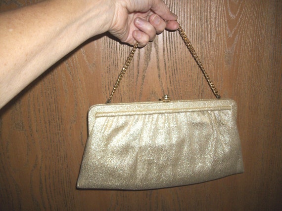 Gold Fabric Lame Metallic Clutch With Chain Vinta… - image 9