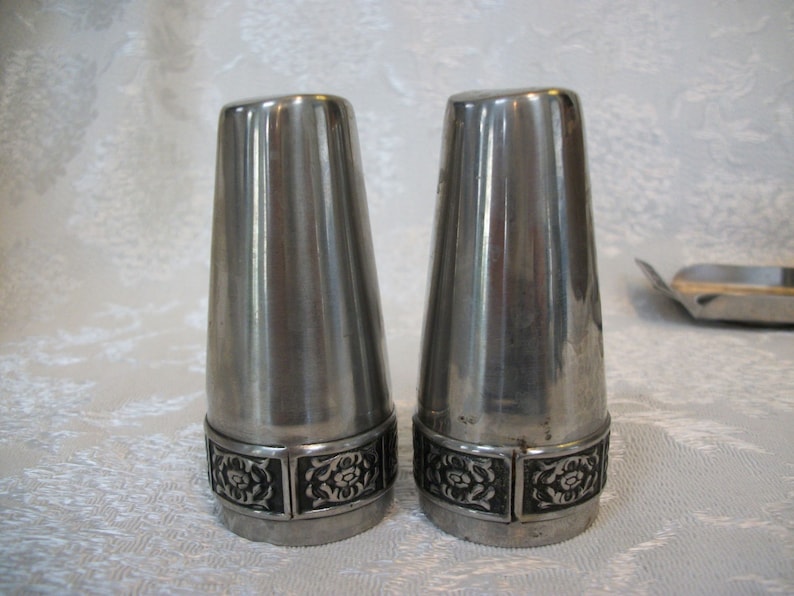 Vintage Salt and Pepper Condiment Set With Tray Steel Chrome Metal Mid Century