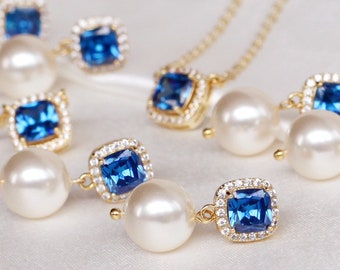 Something Blue Bridesmaid earrings, Best friend earrings Gift, something blue bridal shower, Bridesmaid Pearl jewelry set, September