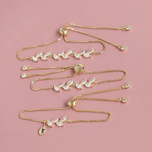 Pulsera ajustable para damas de honor, mejor amiga, pulsera para niña de las flores, pulsera con inicial personalizada, delicadas pulseras de hojas, boda en el bosque.