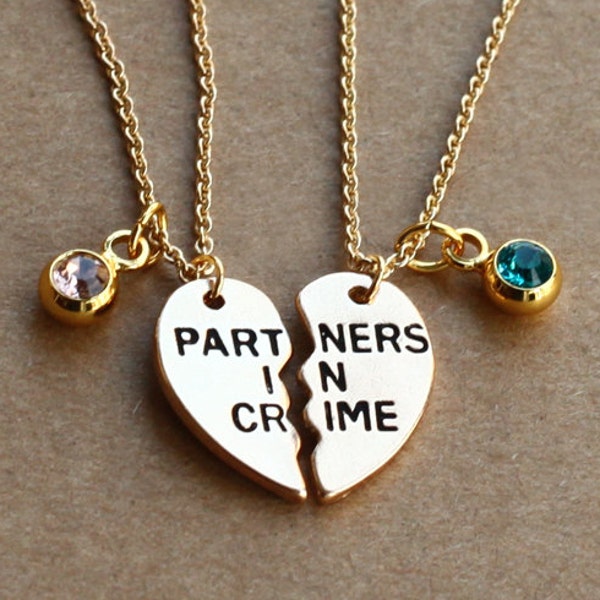 PARTNERS IN CRIME necklace, birthstone friendship necklace set, best friends, best bitches, broken heart set, sisters gift jwelry