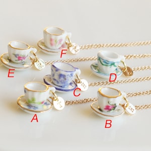 Tea party cup necklace, personalized initial necklace, tiny tea cup necklace, cooking party jewelry,coffee cup necklace, bridesmaids jewelry