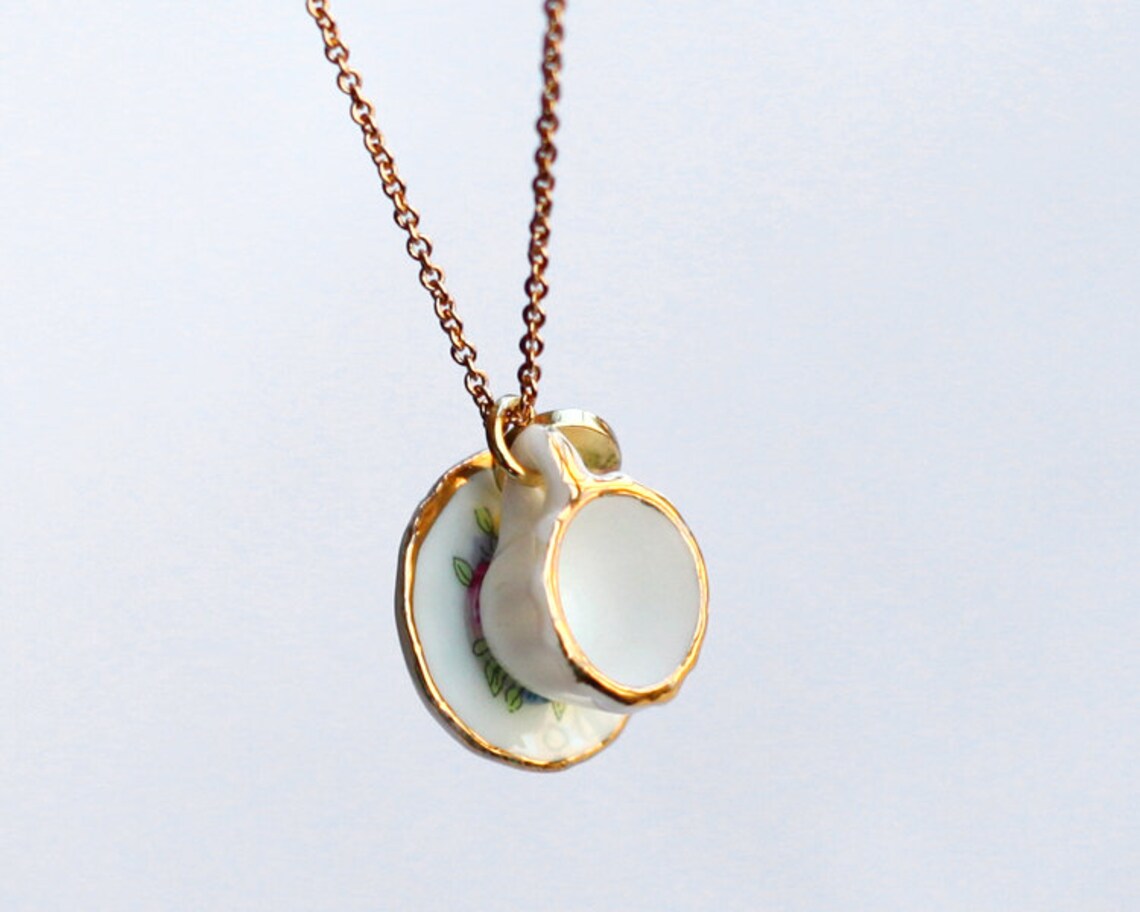 Tea Cup Necklace Personalized Initial Necklace Tiny Pink Tea Etsy