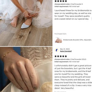 May include: A delicate gold-toned metal bracelet featuring a series of small, interconnected leaf-shaped charms. The bracelet is designed with a thin, adjustable chain and a sliding clasp mechanism, worn around the wrist with a white lace garment.