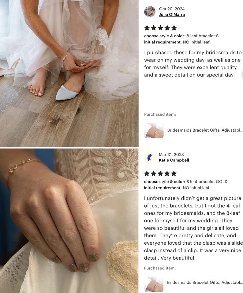 May include: A delicate gold-toned metal bracelet featuring a series of small, interconnected leaf-shaped charms. The bracelet is designed with a thin, adjustable chain and a sliding clasp mechanism, worn around the wrist with a white lace garment.