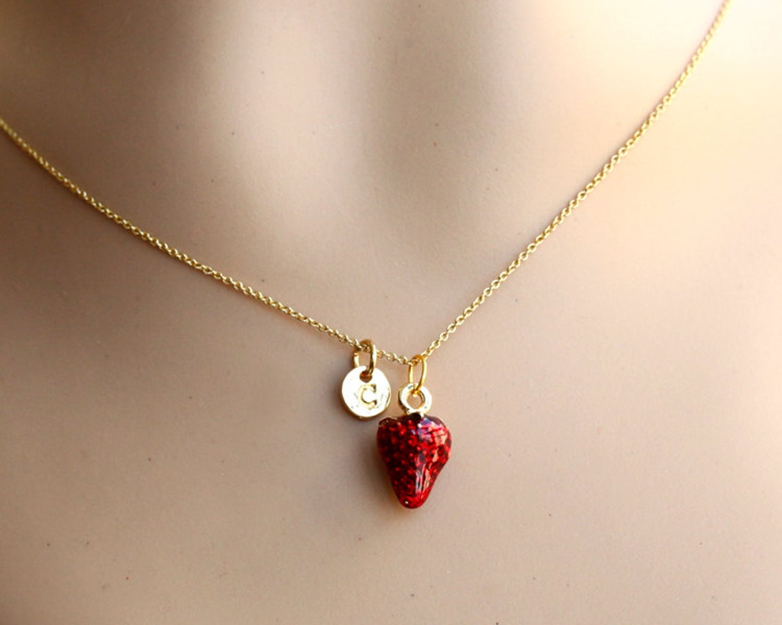 Red Strawberry Necklace Personalized Monogram Pendant Etsy