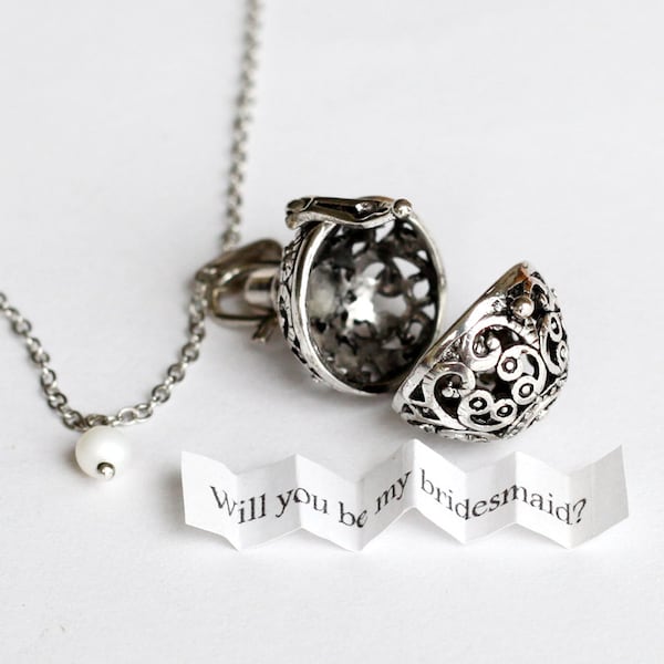 Antique Silver Ball Locket Secret Message Necklace, Personalized custom message, make a wish, wedding, bridesmaid, Boyfriend Girlfriend Gift