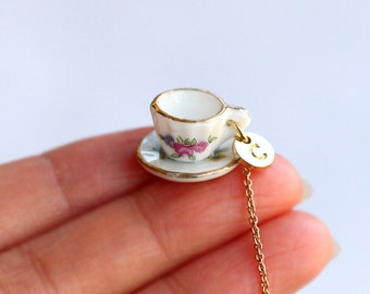 Tea cup necklace, personalized initial necklace, tiny pink tea cup set, cooking party jewelry, coffee cup necklace, bridesmaids jewelry