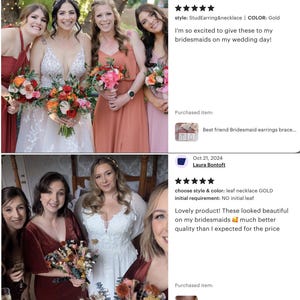 May include: A collection of wedding photographs featuring groups of individuals in formal attire, including bridesmaids in various colored dresses holding floral bouquets and a bride in a white gown, alongside customer reviews and product details.