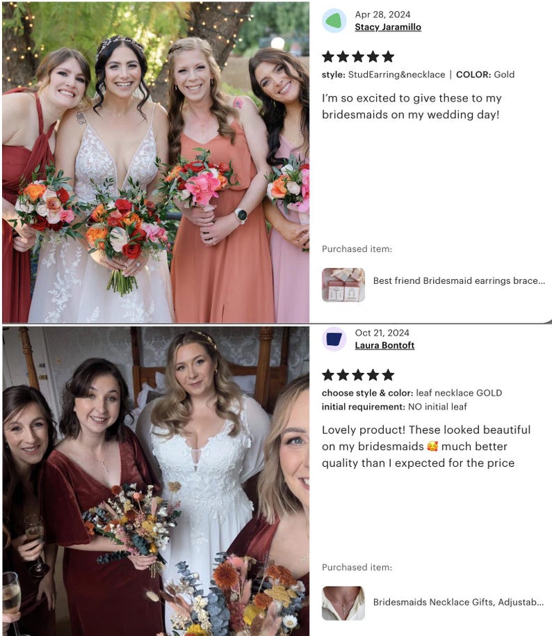 May include: A collection of wedding photographs featuring groups of individuals in formal attire, including bridesmaids in various colored dresses holding floral bouquets and a bride in a white gown, alongside customer reviews and product details.